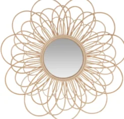 Casa Padrino Designer Rattan Spiegel Naturfarben Ø 85 cm - Wandspiegel im Blumen Design