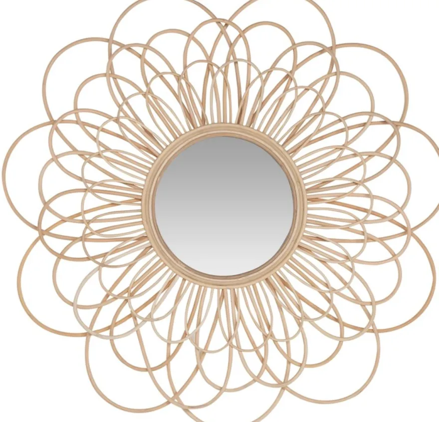Casa Padrino Designer Rattan Spiegel Naturfarben Ø 85 cm - Wandspiegel im Blumen Design