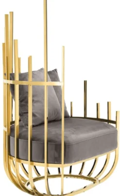 Casa Padrino Designer Sessel linksseitig mit 2 Kissen Grau / Gold 91,5 x 75 x H. 136,5 cm - Designer Wohnzimmer Möbel - Luxus Qualität