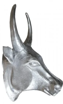 Casa Padrino Designer Stierkopf Torero Skulptur aus Aluminium poliert, Silber, Höhe 70 cm, Breite 58 cm, Tiefe 42 cm