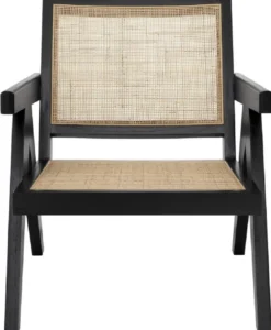 Casa Padrino Designer Stuhl Schwarz / Naturfarben 58 x 82 x H. 70 cm - Massivholz Stuhl mit Armlehnen und handgewebtem Rattangeflecht - Luxus Wohnzimmer Möbel