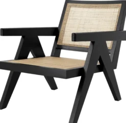 Casa Padrino Designer Stuhl Schwarz / Naturfarben 58 x 82 x H. 70 cm - Massivholz Stuhl mit Armlehnen und handgewebtem Rattangeflecht - Luxus Wohnzimmer Möbel