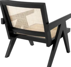 Casa Padrino Designer Stuhl Schwarz / Naturfarben 58 x 82 x H. 70 cm - Massivholz Stuhl mit Armlehnen und handgewebtem Rattangeflecht - Luxus Wohnzimmer Möbel