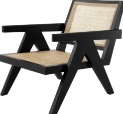 Casa Padrino Designer Stuhl Schwarz / Naturfarben 58 x 82 x H. 70 cm - Massivholz Stuhl mit Armlehnen und handgewebtem Rattangeflecht - Luxus Wohnzimmer Möbel