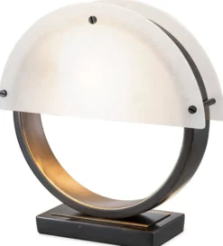 Casa Padrino Designer Tischleuchte Bronze / Alabaster 30 x 10 x H. 30,5 cm - Moderne Schreibtischleuchte mit Marmorsockel und 2 halbrunden Alabaster Lampenschirmen - Designer Leuchten