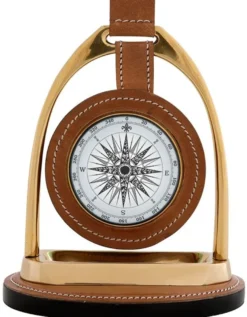 Casa Padrino Designer Uhr mit Büffelleder und Kompas auf der Rückseite 17 x 12,5 H. 21 cm - Luxus Tischuhr