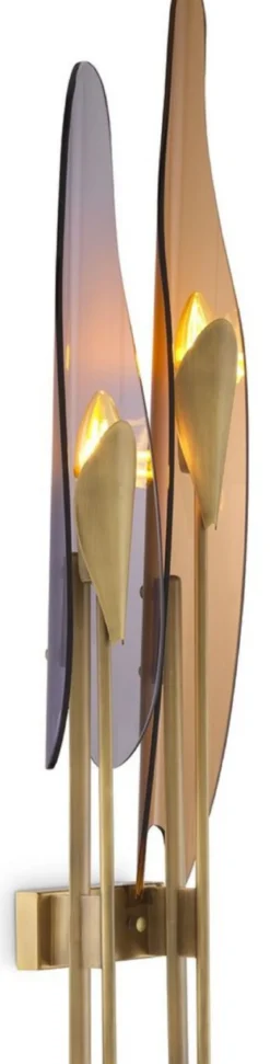 Casa Padrino Designer Wandleuchte Antik Messing / Bernsteinfarben / Grau 18,5 x 8 x H. 78 cm - Metall Wandlampe mit getönten Glas Lampenschirmen - Luxus Qualität