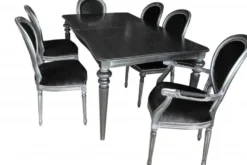 Casa Padrino Design Esszimmerset Schwarz/Silber, ausziehbarer Esstisch 180-230 cm und 6 Stühle
