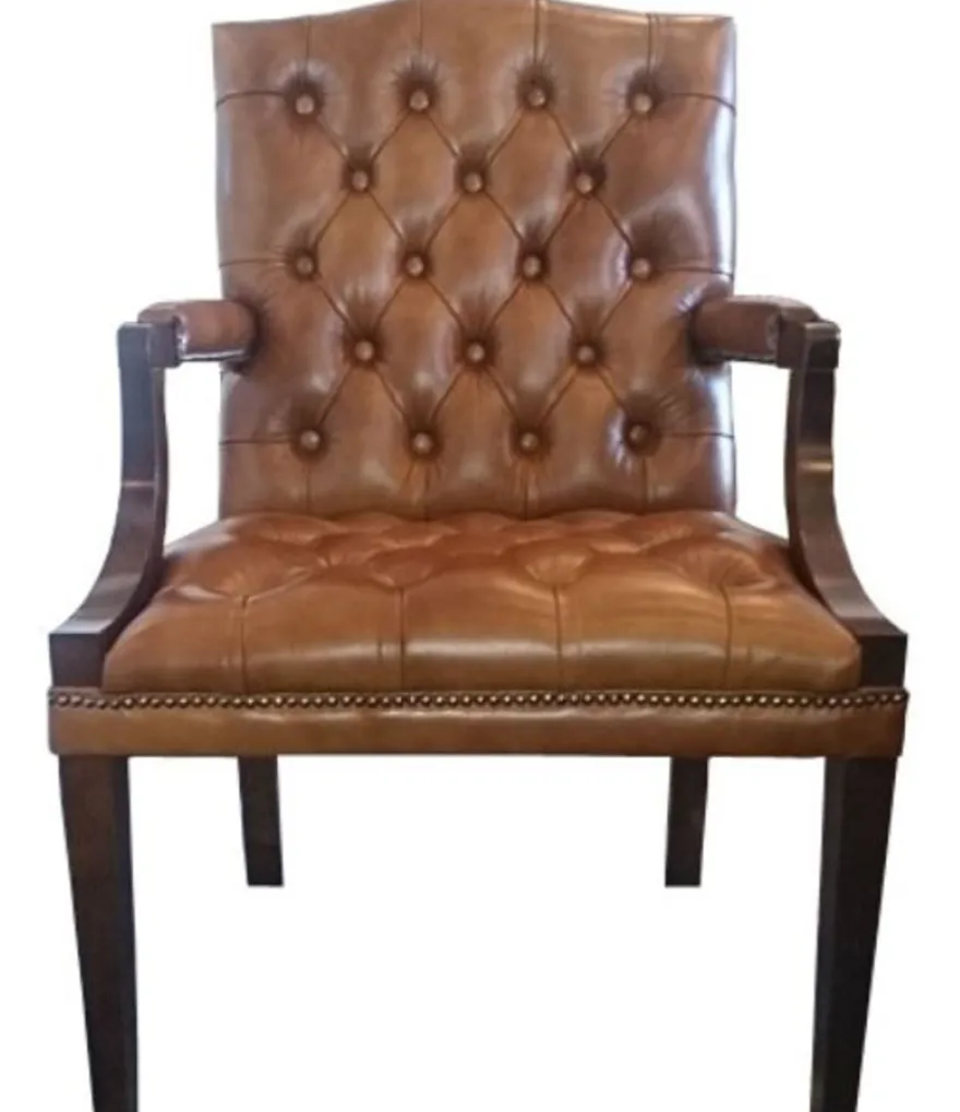 Casa Padrino Echtleder Esszimmerstuhl mit Armlehnen Braun / Dunkelbraun 60 x 60 x H. 100 cm - Chesterfield Möbel