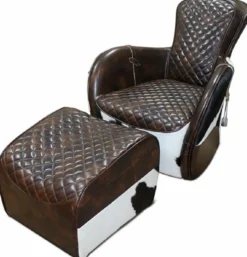 Casa Padrino Echtleder Wohnzimmer Sessel mit Fußhocker Dunkelbraun / Weiß / Schwarz / Silber - Wohnzimmer Möbel - Echtleder Möbel