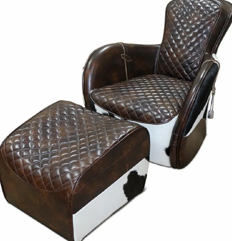 Casa Padrino Echtleder Wohnzimmer Sessel mit Fußhocker Dunkelbraun / Weiß / Schwarz / Silber - Wohnzimmer Möbel - Echtleder Möbel