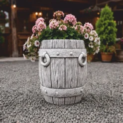 Casa Padrino Garten Deko Blumentopf in Fassform Grau H. 38 cm - Runder Pflanzentopf - Garten & Terrassen Deko