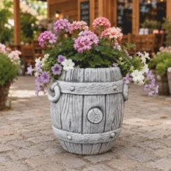 Casa Padrino Garten Deko Blumentopf in Fassform Grau H. 38 cm - Runder Pflanzentopf - Garten & Terrassen Deko