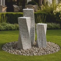 Casa Padrino Garten Deko Säulenbrunnen 3er Set Grau H. 120 cm - Garten Accessoires - Terrassen Accessoires