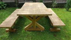 Casa Padrino Gartenmöbel Set Rustikal mit Kreuzgestell - Tisch + 2 Garten Bänke (Länge: 200 cm) - Eiche Massivholz