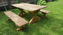 Casa Padrino Gartenmöbel Set Rustikal mit Kreuzgestell - Tisch + 2 Garten Bänke (Länge: 200 cm) - Eiche Massivholz