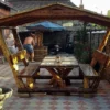Casa Padrino Garten Pavillon Rustikal mit Tisch und 2 Gartenbänken - Eiche Massivholz - Überdachtes Gartenmöbel Set - 200 x 175 x 220 cm