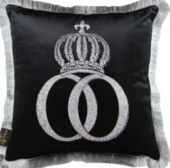 Casa Padrino Harald Glööckler Luxus Deko Kissen Pompöös Schwarz Silber mit Krone und Strass 50 x 50 cm