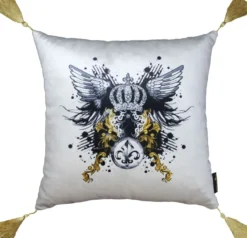 Casa Padrino Harald Glööckler Luxus Barock Kissen Pompöös mit Engelsflügeln, Krone, Strass und Troddeln, Creme / Schwarz, 40 x 40 cm