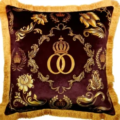 Casa Padrino Harald Glööckler Pompöös Luxus Kissen Bordeauxrot / Gold mit Krone und Strass Steinen 50 x 50 cm