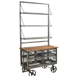 Casa Padrino Industrie Stil Servierwagen Anthrazit / Braun 106 x 48 x H. 208 cm - Rollwagen mit Aufsatzregal und 4 Gitterschubladen