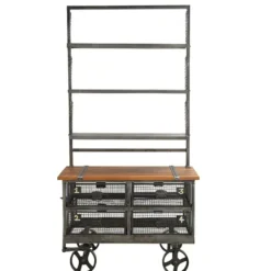 Casa Padrino Industrie Stil Servierwagen Anthrazit / Braun 106 x 48 x H. 208 cm - Rollwagen mit Aufsatzregal und 4 Gitterschubladen