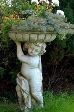 Casa Padrino Jugendstil Blumentopf mit Skulptur Antik Grau Ø 50 x H. 86 cm - Pflanzentopf - Gartendeko