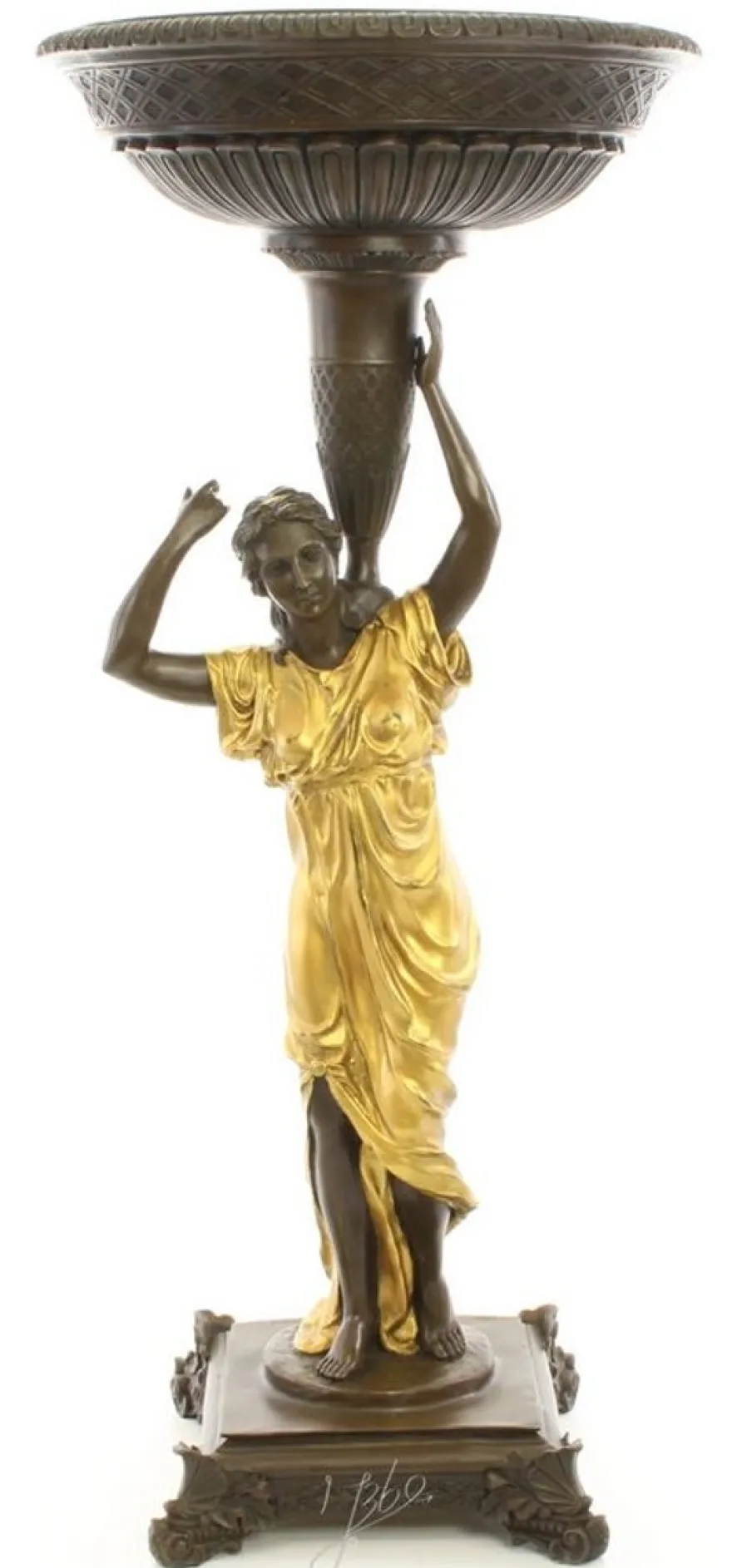Casa Padrino Jugendstil Blumentopfständer Bronze / Gold 33 x 33 x H. 77,2 cm - Luxus Bronzefigur