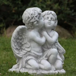 Casa Padrino Jugendstil Deko Skulptur 2 Engel Grau 45 x 25 x H. 39 cm - Elegante Deko Stein Figur - Garten Deko - Barock & Jugendstil Deko Accessoires