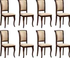 Casa Padrino Jugendstil Esszimmer Stuhl 8er Set Creme / Gold / Dunkelbraun 44 x 44 x H. 96 cm - Elegante Massivholz Küchen Stühle mit Streifen - Barock & Jugendstil Esszimmer Möbel