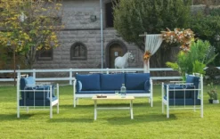 Casa Padrino Jugendstil Gartenmöbel Set Blau / Weiß - 1 Sofa & 2 Sessel & 1 Tisch - Garten & Terrassen Möbel im Jugendstil