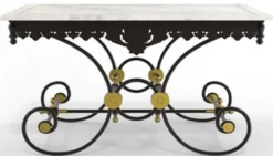 Casa Padrino Jugendstil Gartentisch Weiß / Schwarz / Messing 130 x 80 x H. 75 cm - Nostalgischer Schmiedeeisen Garten & Terrassen Tisch mit Marmorplatte - Jugendstil Garten & Terrassen Möbel