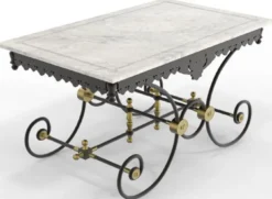 Casa Padrino Jugendstil Gartentisch Weiß / Schwarz / Messing 130 x 80 x H. 75 cm - Nostalgischer Schmiedeeisen Garten & Terrassen Tisch mit Marmorplatte - Jugendstil Garten & Terrassen Möbel