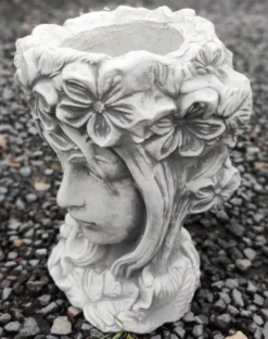 Casa Padrino Jugendstil Garten Deko Blumentopf Frauenkopf Grau Ø 24 x H. 32 cm - Garten Deko Stein Pflanzentopf - Barock & Jugendstil Garten Deko Accessoires