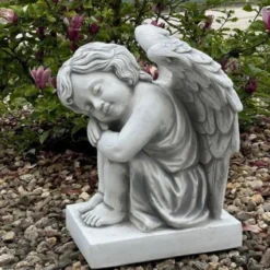 Casa Padrino Jugendstil Garten Deko Skulptur Engel Grau H. 57 cm - Elegante Garten Deko Stein Figur - Barock & Jugendstil Garten Deko Accessoires - Garten Deko Skulpturen