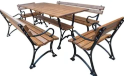 Casa Padrino Jugendstil Gartenmöbel Set Tisch 2 Sitzbänke 2 Stühle mit Armlehnen Braun / Schwarz 180 cm - Gartenmöbel