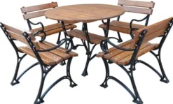 Casa Padrino Jugendstil Gartenmöbel Set Braun / Schwarz - 1 Gartentisch & 4 Gartenstühle mit Armlehnen - Garten Terrassen Gastronomie Möbel Massivholz