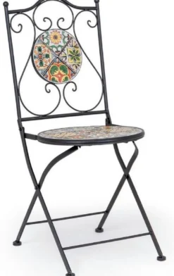 Casa Padrino Jugendstil Gartenstuhl 4er Set Schwarz / Mehrfarbig 39 x 47 x H. 92 cm - Klappbare Stühle mit Keramik Platten - Nostalgische Garten & Gastronomie Möbel