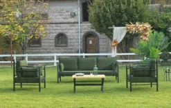Casa Padrino Jugendstil Gartenmöbel Set Dunkelgrün / Schwarz - 1 Sofa & 2 Sessel & 1 Tisch - Garten & Terrassen Möbel im Jugendstil