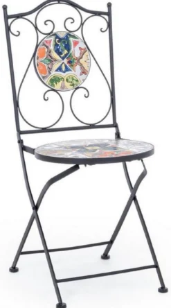 Casa Padrino Jugendstil Gartenstuhl 4er Set Schwarz / Mehrfarbig 39 x 47 x H. 92 cm - Klappbare Stühle mit edlen Keramik Platten - Nostalgische Garten & Gastronomie Möbel