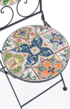 Casa Padrino Jugendstil Gartenstuhl 4er Set Schwarz / Mehrfarbig 39 x 47 x H. 92 cm - Klappbare Stühle mit edlen Keramik Platten - Nostalgische Garten & Gastronomie Möbel
