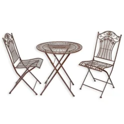 Casa Padrino Jugendstil Gartenmöbel Set Braun Tisch und 2 Stühle - Bistro Set aus Eisen - Klappbare Balkon Möbel - Gartenmöbel im Jugendstil
