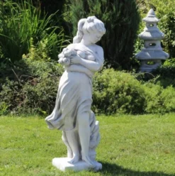 Casa Padrino Jugendstil Garten Deko Skulptur Dame mit Blumenstrauß Grau 31 x 31 x H. 122 cm - Elegante Garten Deko Stein Figur - Barock & Jugendstil Garten Deko Accessoires