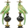 Casa Padrino Jugendstil Kerzenhalter Set Papageien Grün / Schwarz / Messing 16,1 x 12,8 x H. 48 cm - Porzellan Kerzenständer - Hotel & Restaurant Accessoires - Barock & Jugendstil Deko Accessoires
