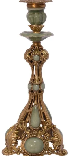 Casa Padrino Jugendstil Kerzenständer Messing / Grün 15,2 x 15,2 x H. 31,8 cm - Barock & Jugendstil Deko Accessoires