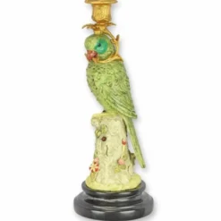Casa Padrino Jugendstil Kerzenständer Papagei schaut nach links Grün / Gold / Schwarz H. 31 cm