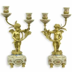 Casa Padrino Jugendstil Kerzenhalter Set Gold / Creme H. 38,6 cm - Deko Accessoires