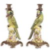 Casa Padrino Jugendstil Kerzenhalter Set Papageien Gelb / Grün / Mehrfarbig / Gold 15,3 x 15,9 x H. 36,3 cm - Porzellan Kerzenständer mit Bronze - Barock & Jugendstil Deko Accessoires