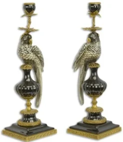 Casa Padrino Jugendstil Kerzenhalter Set Papagei Schwarz / Gold 16,1 x 12,8 x H. 48 cm - Elegante Porzellan Kerzenständer - Barock & Jugendstil Deko Accessoires