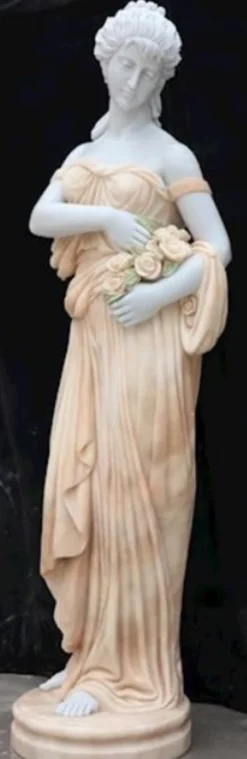 Casa Padrino Jugendstil Marmor Deko Skulptur Dame mit Blumen Weiß / Beige 40 x 40 x H. 192 cm - Gartendeko Statue - Terrassen Deko Figur